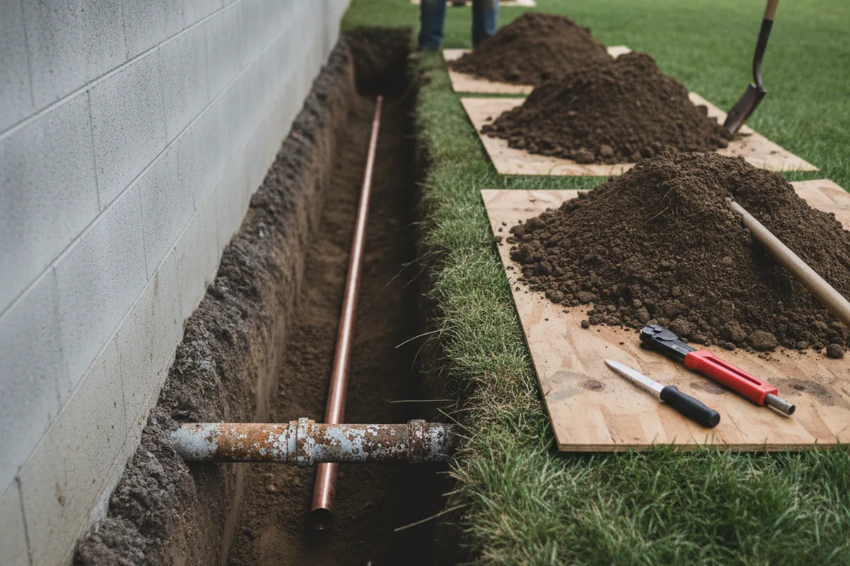 Excavated water line trench during Water Heater Repair in Gates
